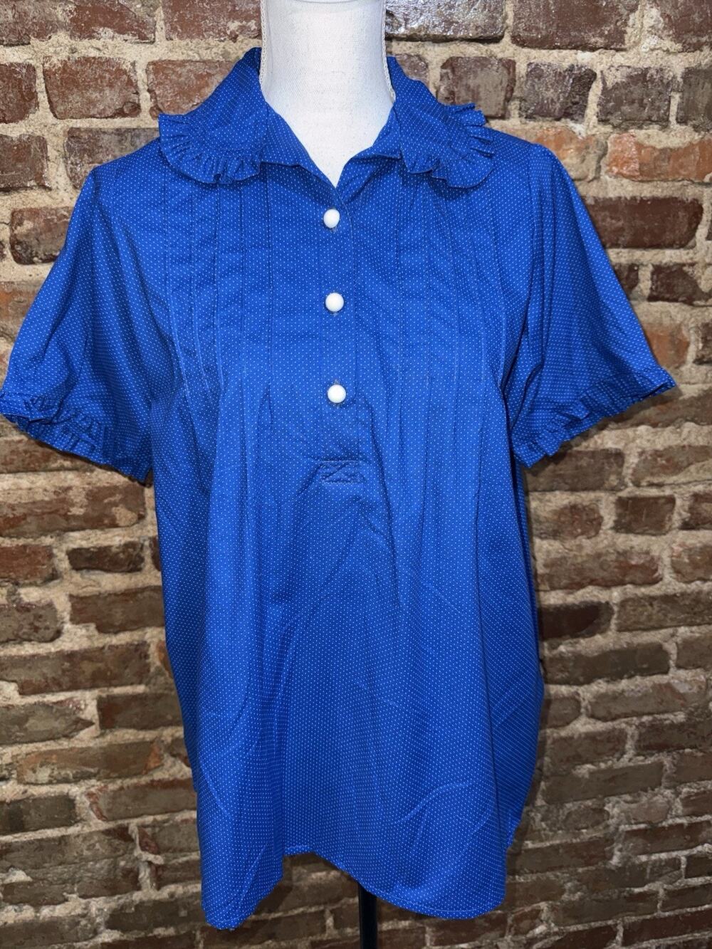 Vintage Handmade Prairie Cottage Core Blouse Blue Polka Dot Ruffle Collar Sz 1XL